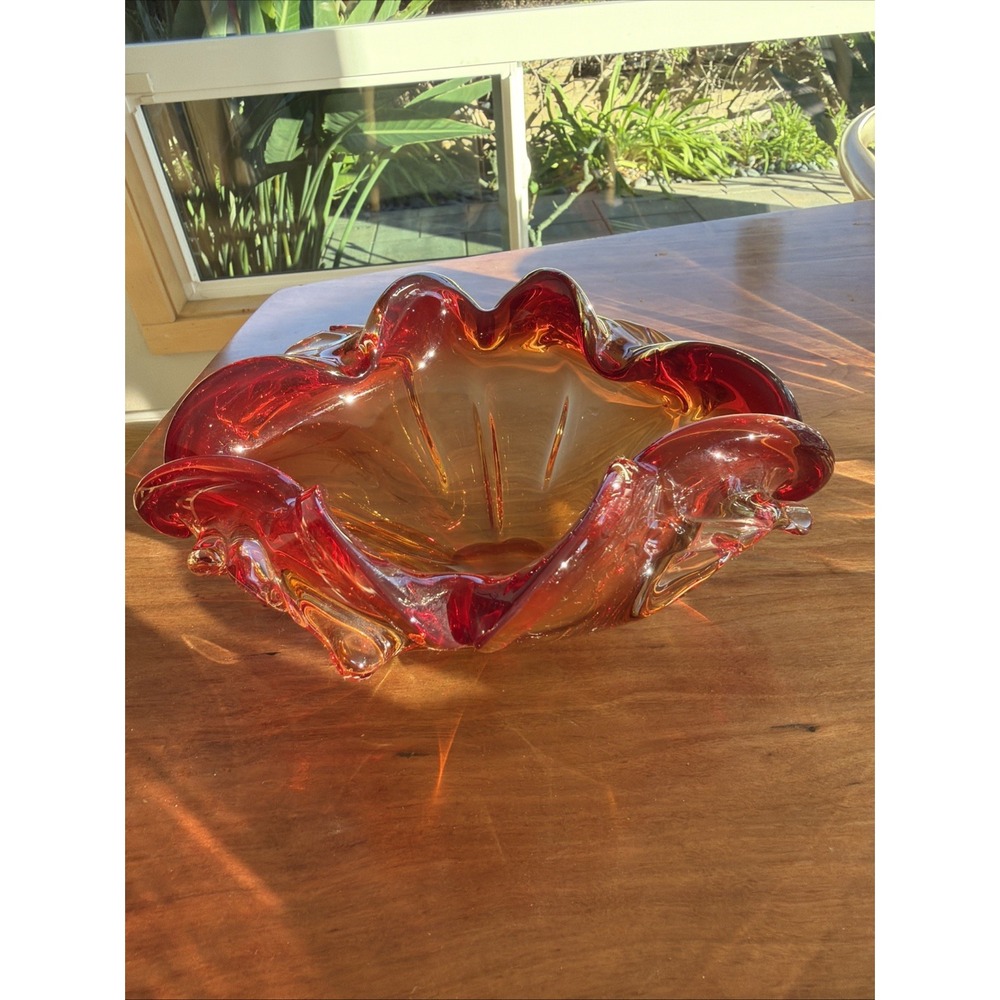 Vintage Murano-Style Hand Blown Art Glass Freeform‎ Red Amber Bowl